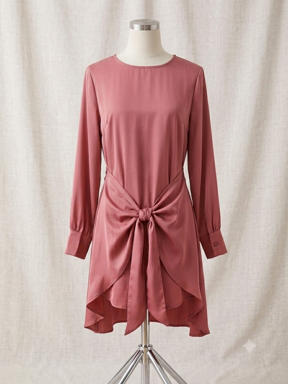 Long-Sleeve Rose Mauve Tie-Front Dress